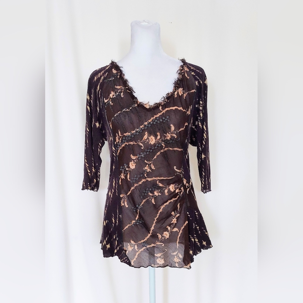 Anthropologie Tiny Semi Sheer Embroidered Top Shirt Brown Floral Print Size XS